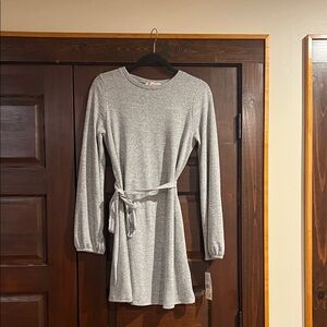 Rewind Gray Long-Sleeve Tie-Waist Dress